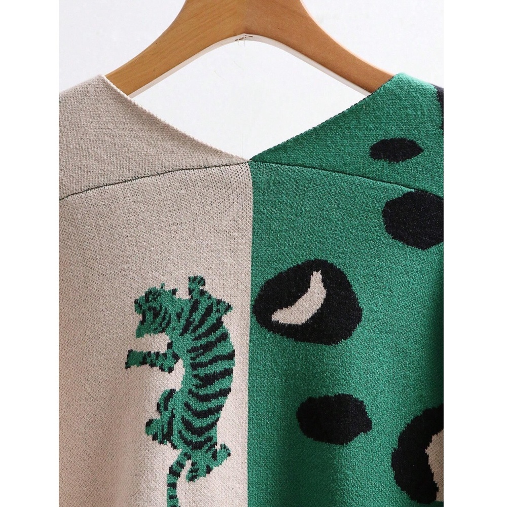 Green Beige Animal Print Button Down V-Neck Knit Cardigan - Picture 4 of 8